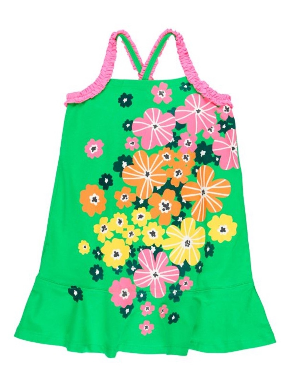 Girls Green Floral Casual Dress with Pink Trim